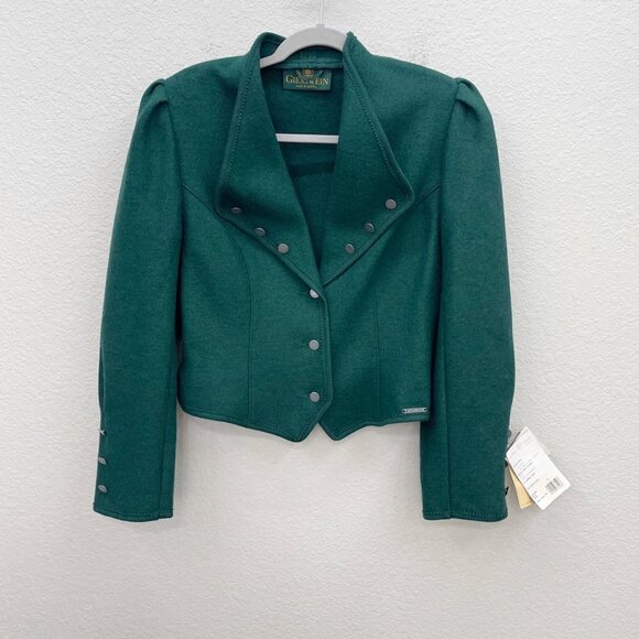 Giesswein Austria Green Wool Crop Winter Jacket Coat Shoulder Pads Womens 10 NEW - Picture 1 of 9